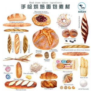 手绘水彩面包烘焙法棍甜甜圈甜点手账卡片PNG免扣图设计素材